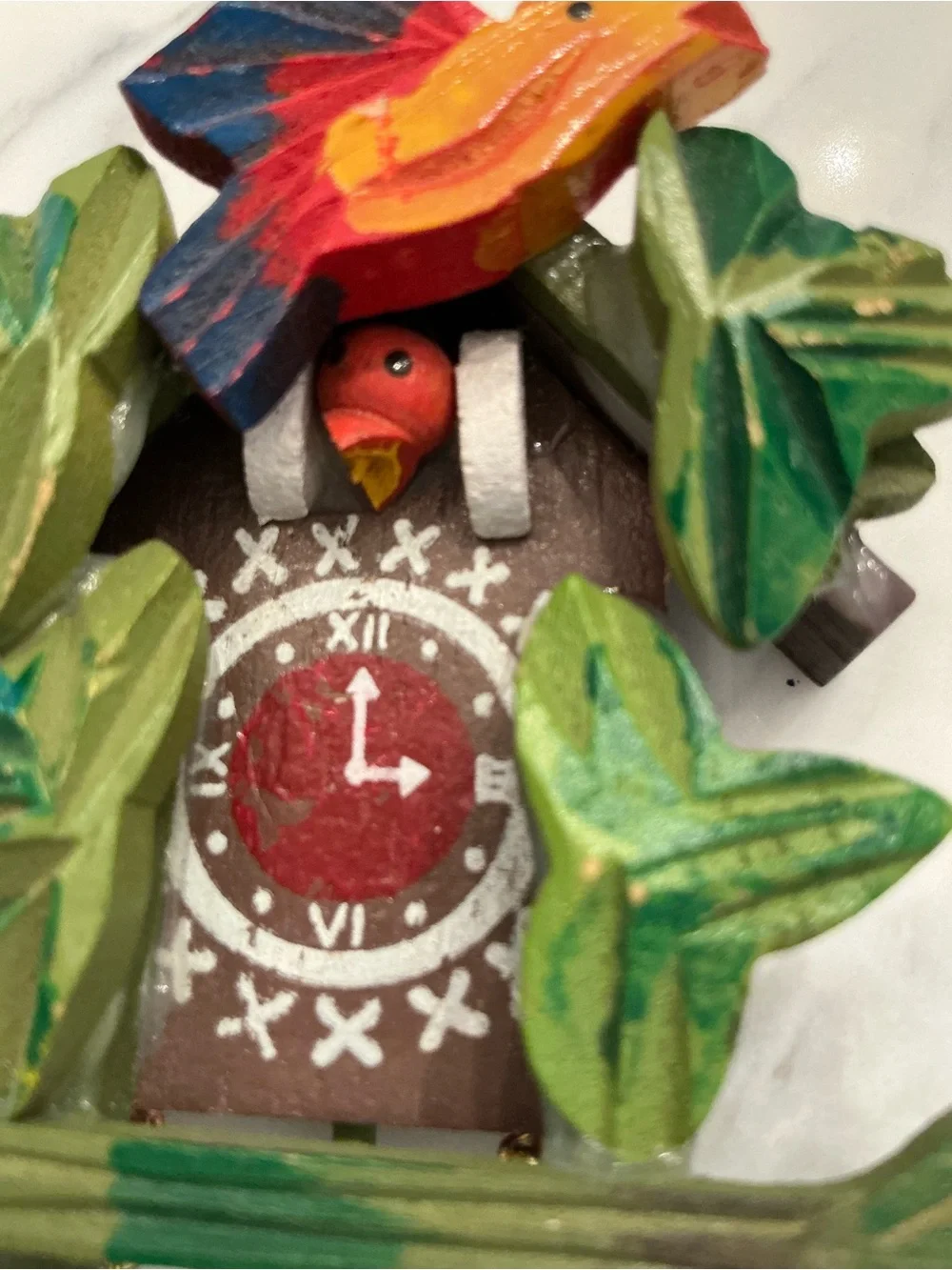 Hand-Painted Miniature Wooden Bird Cuckoo Wall Decor in Green & Red